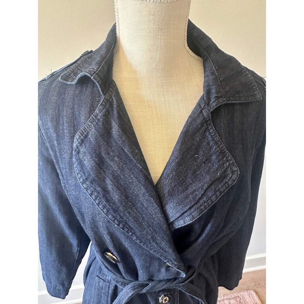 Chicos Dark Wash Denim Trench Coat Double Breasted Herringbone Long Jacket Sz 1 - Picture 11 of 13